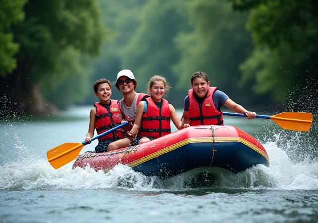 Familie som rafter i en elv i Costa Rica