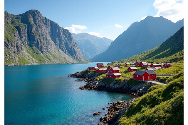 Sommer i Lofoten med røde fiskebuer og fjell