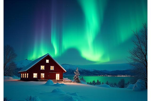 Nordlys over snødekt landskap i Tromsø