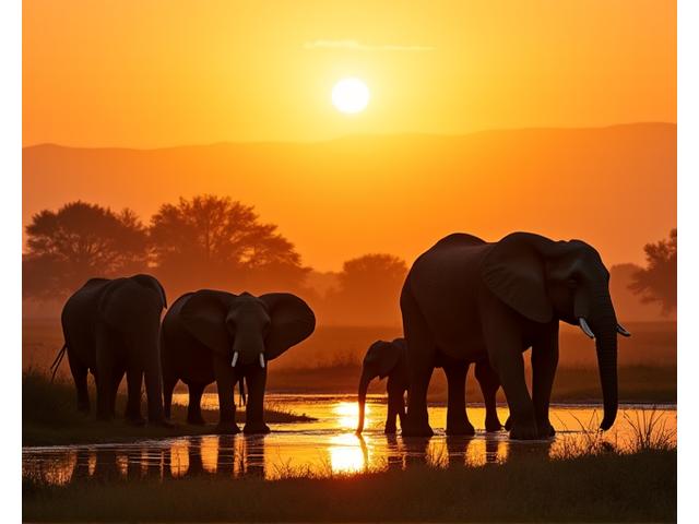 Elefanter ved et vannhull under en solnedgang i Afrika
